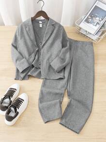 3 件套青少年男童休闲学院风西装外套，搭配双面背心和直筒裤绅士套装 - 卡其色 - 查看 8