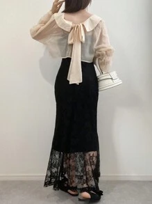 FRIFUL 2pcs Women's Plain Peter Pan Collar Sheer Long Sleeve Top & Lace Trim Slip Dress Set,Ruffle - Black - View 9