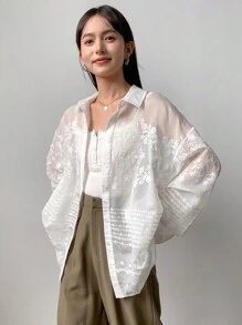 FRIFUL 女士纯色不对称透明蕾丝长袖衬衫、长袖上衣