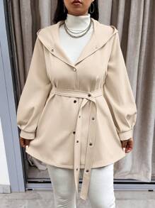 Calvaya Plus Size Hooded Drawstring Waist Long Sleeve Elegant Outerwear - Apricot - View 4