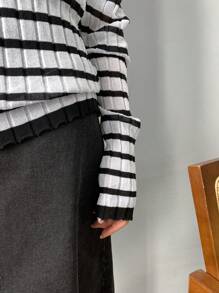FRIFUL Suéter casual, cómodo y holgado con diseño de rayas, cuello alto y manga larga para mujer, ropa de otoño - Blanco y Negro - Ver 6
