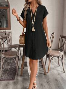 EMERY ROSE 女士休闲纯色 V 领蝙蝠袖单排扣直筒连衣裙，夏季