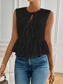 SHEIN Frenchy Top de tirantes de mujer con textura, anudado y atado, con volante en el bajo - Negro - Ver 6