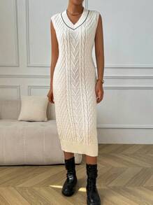 SHEIN LUNE 女式 V 领粗针织纹理无袖连衣裙和背心 - 彩色 - 查看 5