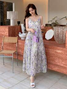 DAZY Vestido casual suelto de tiras de espagueti con volantes en el bajo y estampado floral para mujer