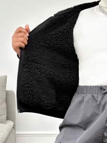 SHEIN Tween 女童休闲纯色泰迪羊毛连帽夹克，时尚街头服饰，甜美酷炫，秋冬