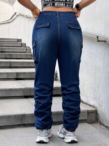 SHEIN ICON Quần jean denim rách cỡ lớn màu xanh lam, trang phục dạo phố thông thường - Rửa tối - Xem 2