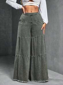 SHEIN SXY Women's Loose Boyfriend Style Distressed Hem Patchwork Denim Jeans