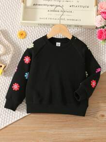 SHEIN LMoss Kids 年轻女孩针织心形印花圆领长袖运动衫，运动街头风格，返校装，日常穿着 - 彩色 - 查看 2