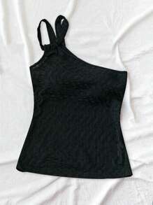SHEIN VCAY Women's Solid Asymmetrical Shoulder Simple Casual Black Top - Black - View 4