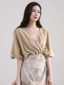 DAZY Women Solid Color Hemline Waist Fitted Short T-Shirt - Khaki - View 6