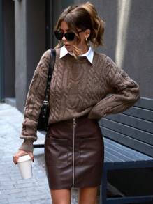 EURMUSE Cable Pattern Sweater - Brown - View 3