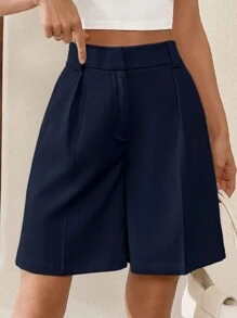 SHEIN Essnce 女士夏季经典齐膝高腰休闲短裤 - 藏蓝色 - 查看 4