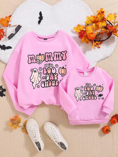 1pc Toddler Girls Halloween Loose Casual Soft Sweatshirt, Pink, Comfy Mommy Of The Boo Day Ghoul Text & Bat, Pumpkin Print, Mommy And Me Style (Mommy And Me Sold Separately) Pullover Fall Outfit