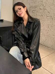 DAZY Women's Lapel Collar Long Sleeve PU Leather Loose Fashion Jacket, Autumn,Fall Women Clothes Women Coats - Black - View 6