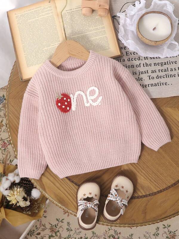 1pc Pink Baby Girl Hand-Embroidered Strawberry Sweater, Adorable Cute Classic Sweet Design Round Neck Long Sleeve Top, Fashionable Princess Style Daily Outerwear