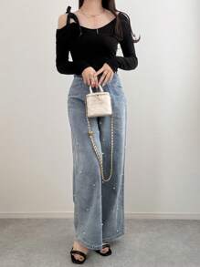 FRIFUL Women's Asymmetrical Neck Tie Shoulder Long Sleeve Elegant Casual Sweet T-Shirt, Ribbed Tee