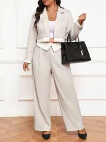 Calvaya Plus Size Women's Solid Color Simple Daily Wear Long Sleeve Blazer And Long Pants Suit