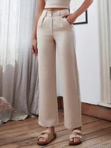 EURMUSE Quần ống đứng có túi xéo trơn cho nữ nhỏ nhắn - Màu be - Xem 3