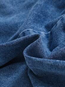 SHEIN 少女水洗褶皱腰部蝴蝶结纽扣A字牛仔裙，秋季返校季 - 中等水洗藍 - 查看 4