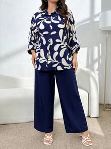 Mulvari Plus Size Women Plant Print Batwing Sleeve Shirt And Loose Casual Pants 2 Piece Set, Summer - Navy Blue - View 5