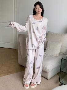 DAZY 长袖兔子印花上衣和裤子睡衣套装，秋冬服装 - 米色 - 查看 6
