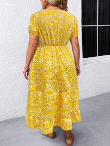 SHEIN LUNE 大码休闲花卉泡泡袖迷你连衣裙 - 黃色 - 查看 2
