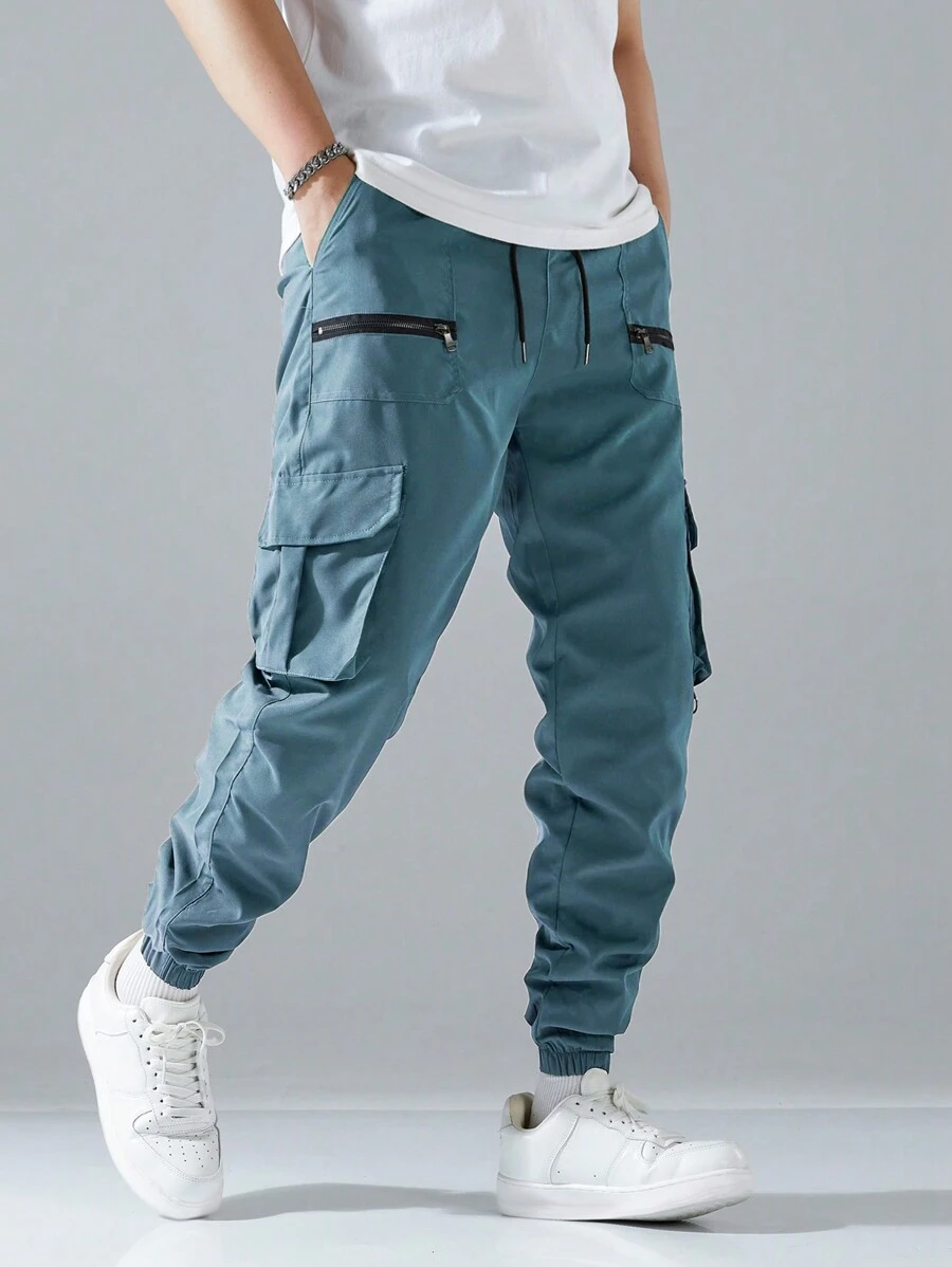 Manfinity EZcore Loose Fit Men's Flap Pocket Side Drawstring Waist Cargo Pants, Fall - Baby Blue - View 1