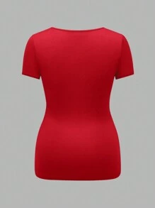 SHEIN 3 piezas/set de tops de verano ajustados de manga corta con cuello cuadrado en negro, blanco y gris para maternidad - Rojo - Ver 11