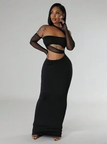 Women's Solid Color Asymmetric Mesh Contrast Cocktail Party Dress, Elegant Long Sleeve Prom Semi Formal Dress, For Birthday, Wedding Guest, Graduation, Dinner, Homecoming - Black - View 3