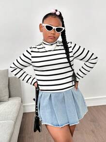 SHEIN Tween Girls Extended Size Basic Casual Ribbed Turtleneck Long Sleeve T-Shirt