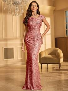 女士不对称领口褶饰亮片派对礼服婚礼宾客礼服正式礼服晚礼服、新娘礼服、生日礼服、毕业礼服 - 西瓜粉 - 查看 3