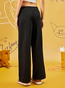 TOM & JERRY X SHEIN Pantalones anchos de cintura elástica con estampado de letra y dibujos animados para mujer, de uso casual