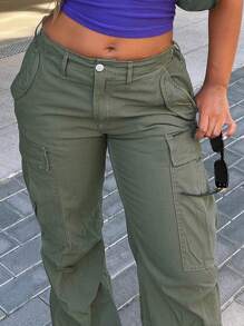 女士休闲直筒工装裤，拉链设计，水洗外观，适合所有季节