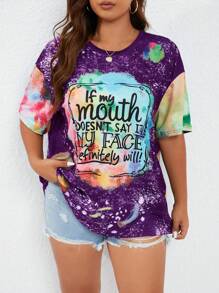 SHEIN LUNE Áo thun in chữ tay ngắn cổ tròn cỡ lớn, trang phục thường ngày - Màu tím - Xem 3