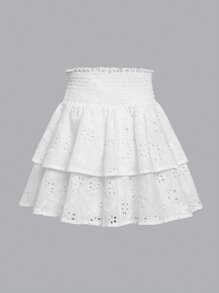 SHEIN Leap Crew Tween Girl Academy Style Asymmetrical Ruffle Hem Eyelet Embroidery Skirt - White - View 2