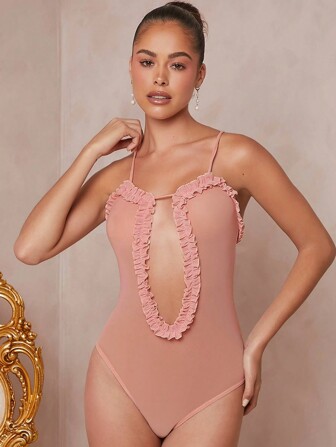 L'Amorae Ruffle Detail Cut Out Mesh Top