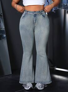 SHEIN ICON 大码女式口袋设计喇叭休闲牛仔裤 - 藍色 - 查看 3