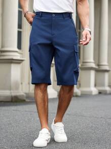 Manfinity Homme 男士纽扣腰带口袋休闲户外运动时尚短裤 - 藏蓝色 - 查看 3