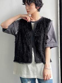 FRIFUL 女士毛绒休闲开衫外套，秋季女装背心大衣 - 黑色 - 查看 1