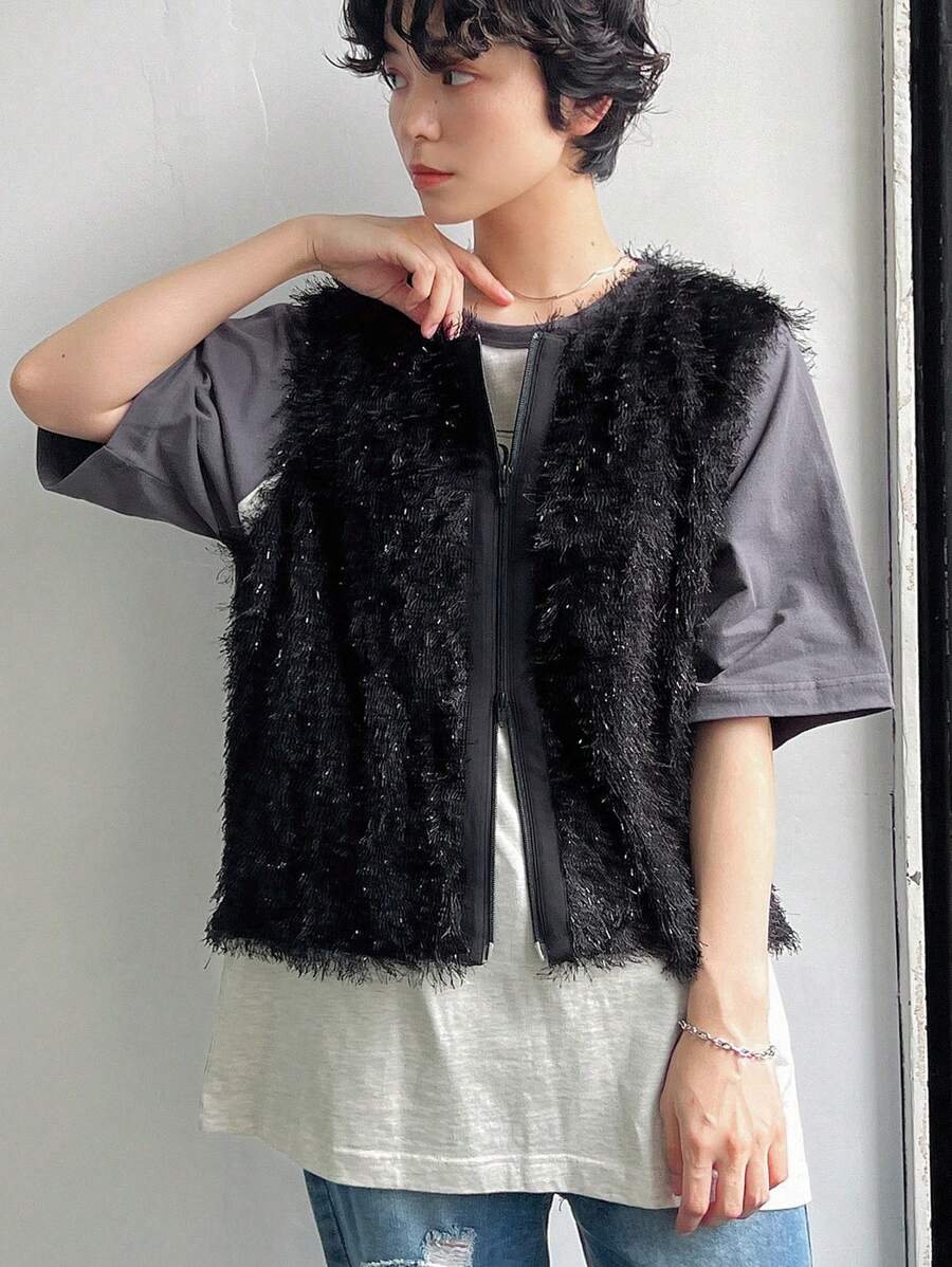 FRIFUL 女士毛绒休闲开衫外套，秋季女装背心大衣 - 黑色 - 查看 1