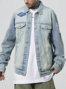 Manfinity Roughcore Jaket Denim Lengan Panjang Pria Warna Polos dengan Saku Tempel dan Kancing Depan - Biru - View 8