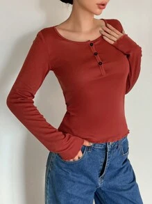DAZY Top de pijama ajustado con cuello en V, botones y borde ondulado en color de contraste minimalista - Rojo - Ver 4