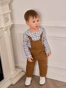 SHEIN 2pcs Baby Boys European Style Long Sleeve Ruffle Collar Top + Corduroy Overalls Set, Spring/Autumn - Brown - View 5