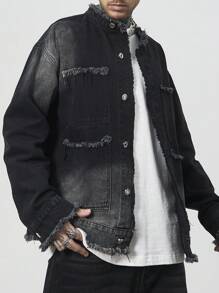 Manfinity Homme Áo khoác denim tối màu giản dị cho nam, mùa xuân và mùa thu, để đi chơi - màu đen - Xem 1