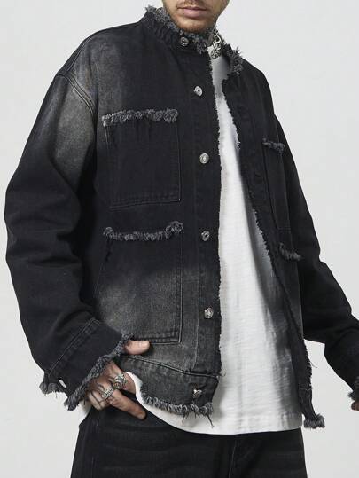 Manfinity Homme Áo khoác denim tối màu giản dị cho nam, mùa xuân và mùa thu, để đi chơi