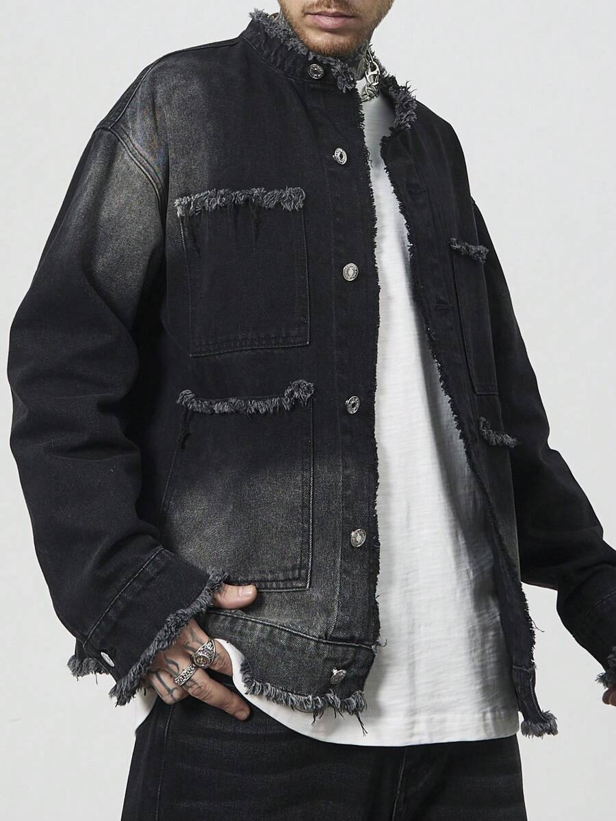 Manfinity Homme Áo khoác denim tối màu giản dị cho nam, mùa xuân và mùa thu, để đi chơi - màu đen - Xem 1