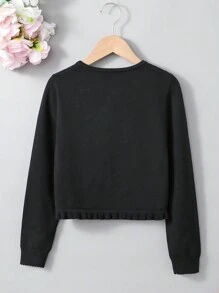 Sparklyn Tween Girl  Solid Color Ruffle Hem Long Sleeve Cropped Cardigan, Spring Autumn - Black - View 2