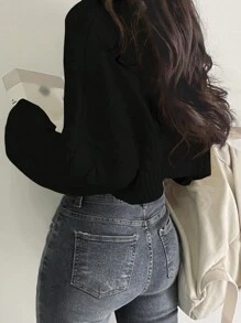 DAZY 女式圆领纯色黑色简约休闲舒适套头毛衣，长袖上衣秋季