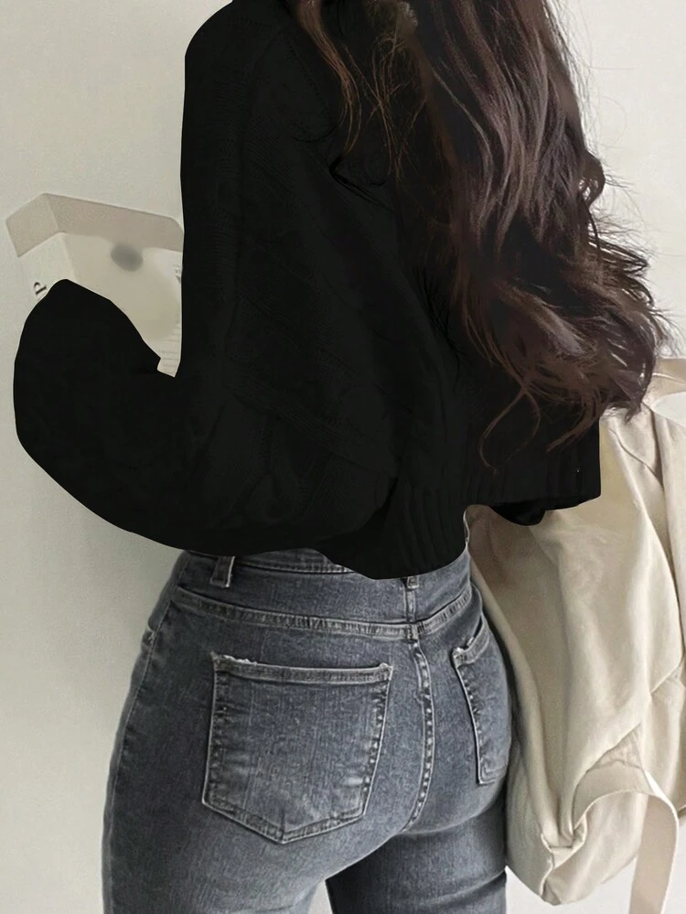 Women's Crew Neck Solid Color Black Minimalist Casual Cozy Pullover Sweater,Long Sleeve Tops Fall